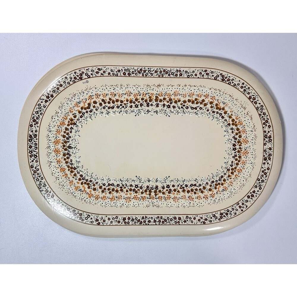 6 Vtg Retro Town & Country Vinyl Cream Brown Table Placemat Oval Flower Border
